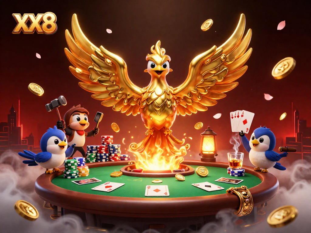 Engage with the electrifying world of XX8 casino gaming featuring golden phoenix and poker elements.