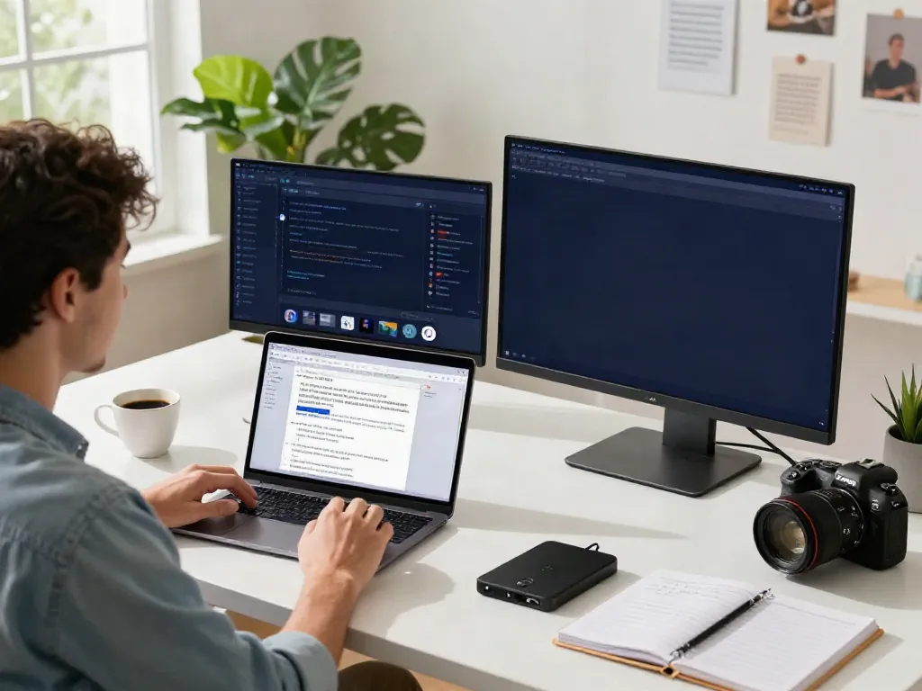 Content creator using instant indexing tools on a dual-screen setup in a bright workspace.