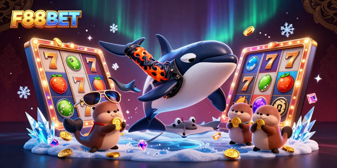 Experience the excitement of F88BET with a dynamic 3D illustration featuring an orca, stingray, and otters celebrating beneath casino elements.