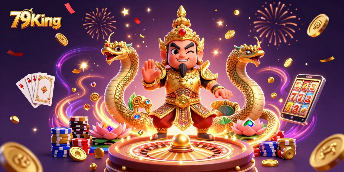 Watch 79King explode with excitement as golden coins and gems cascade in a vibrant casino scene.