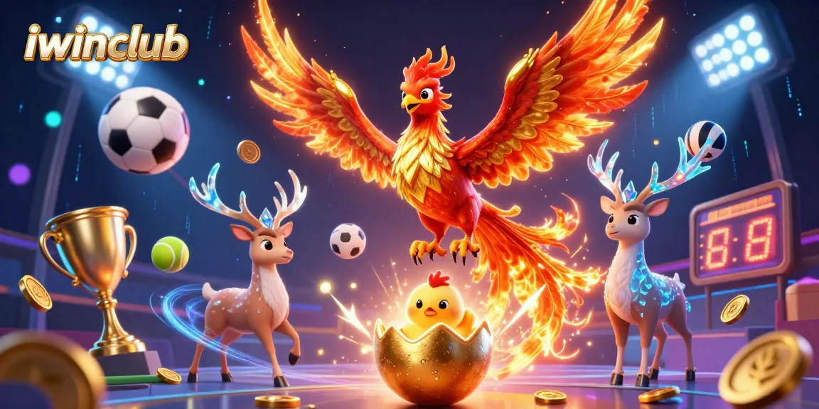 Experience the excitement of iwinclub with a dynamic illustration of a fire phoenix and sports motifs.