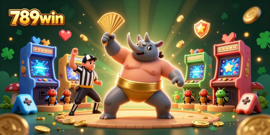 Captivating 3D illustration of 789win featuring a sumo beetle champion among arcade gaming elements, radiating excitement.