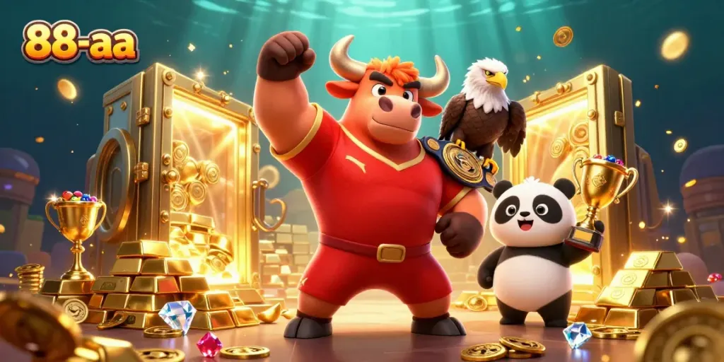 Engage with 88-aa's vibrant casino world, featuring a bull mascot, eagle, and panda celebrating winnings amidst treasures.