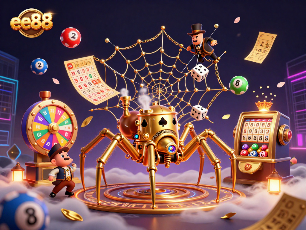 ee88 casino promotional art featuring a steampunk spider and dynamic lottery elements, enhancing the gaming experience.