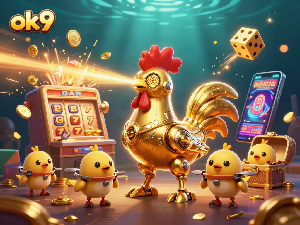 Experience the vibrant ok9 casino world as coins burst from a slot machine beneath dazzling characters.
