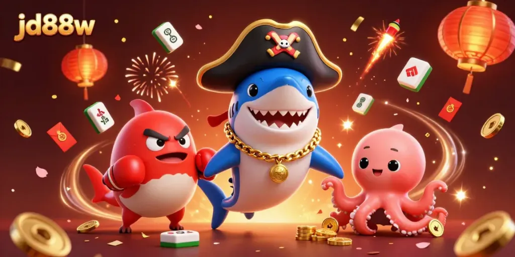 Engaging 3D casino scene depicting jd88w with a pirate shark, pufferfish, and octopus amidst festive elements.