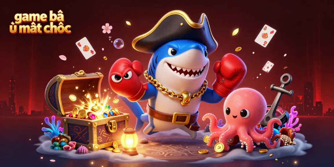 Engage in game bài ù mạt chược with a lively cartoon scene featuring a shark, pufferfish, and treasure.
