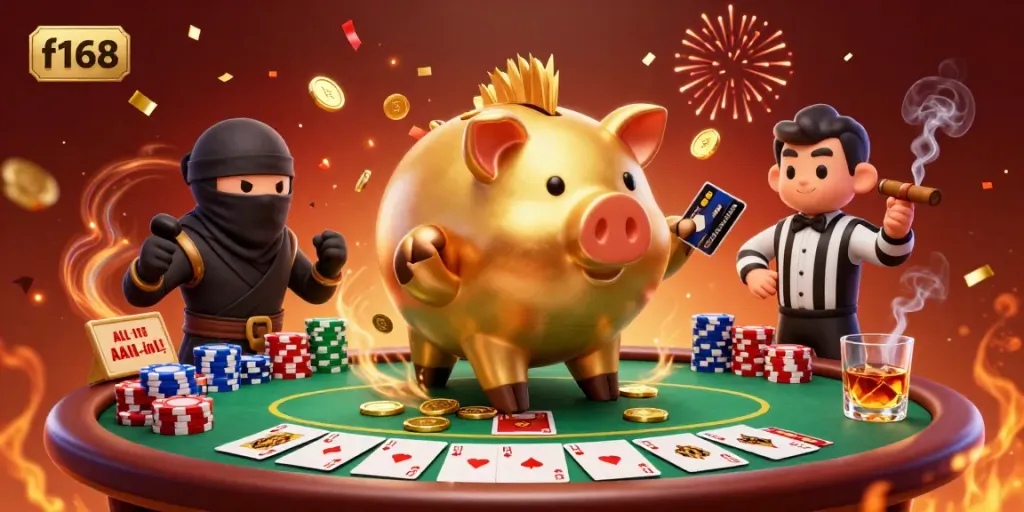 Experience the energy of f168 with a dynamic scene featuring a golden piggy bank sumo wrestler amidst colorful poker chips and celebratory fireworks.