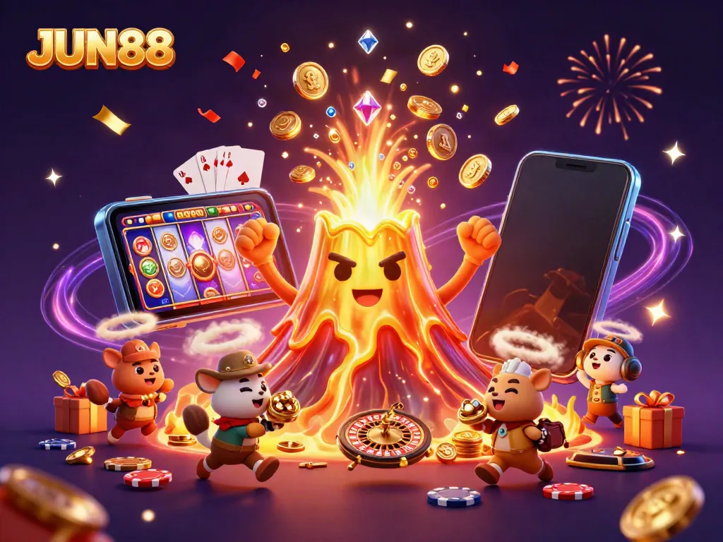 Engage with JUN88 and enjoy the thrilling eruption of rewards in this vibrant casino scene.