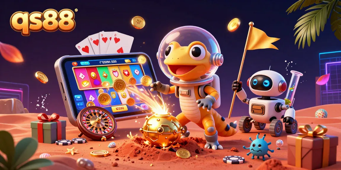 Spin the reels at qs88 with Martian gecko celebrating a golden casino adventure on Mars.