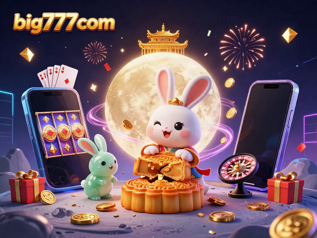 Win big at big777 com with 3D moon rabbit and lively casino elements in a festive lunar scene.