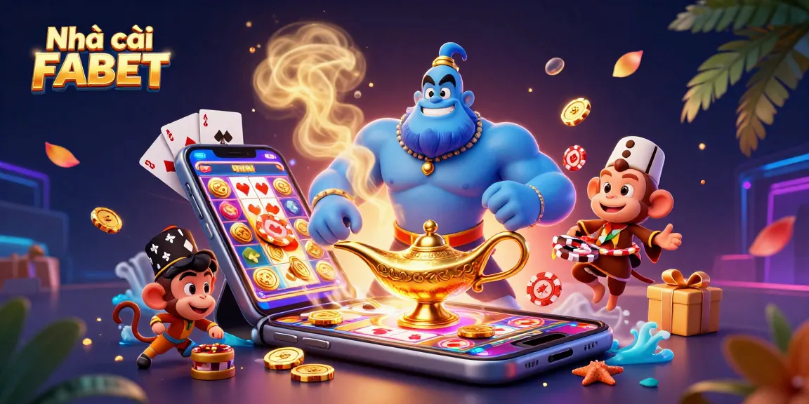 Engage in thrilling gameplay with Nhà cái FABET, featuring a 3D genie, monkey, and poker chips.