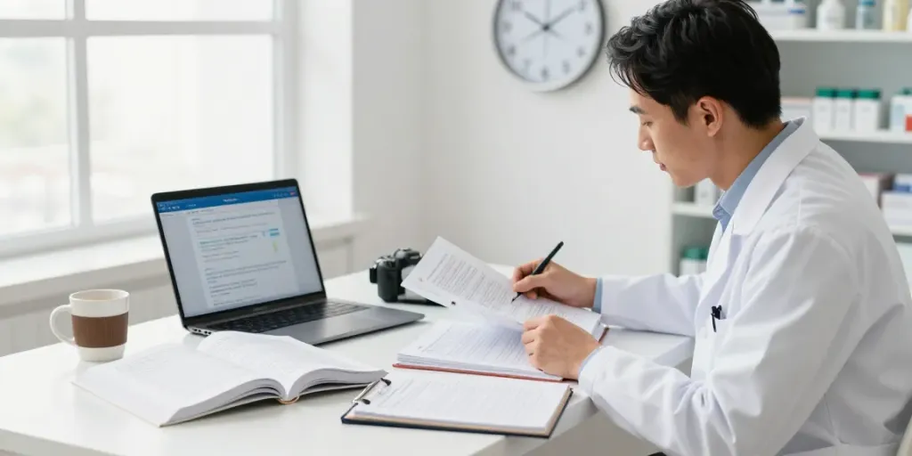 DHA pharmacist exam preparation, pharmacist studying in a modern workspace.