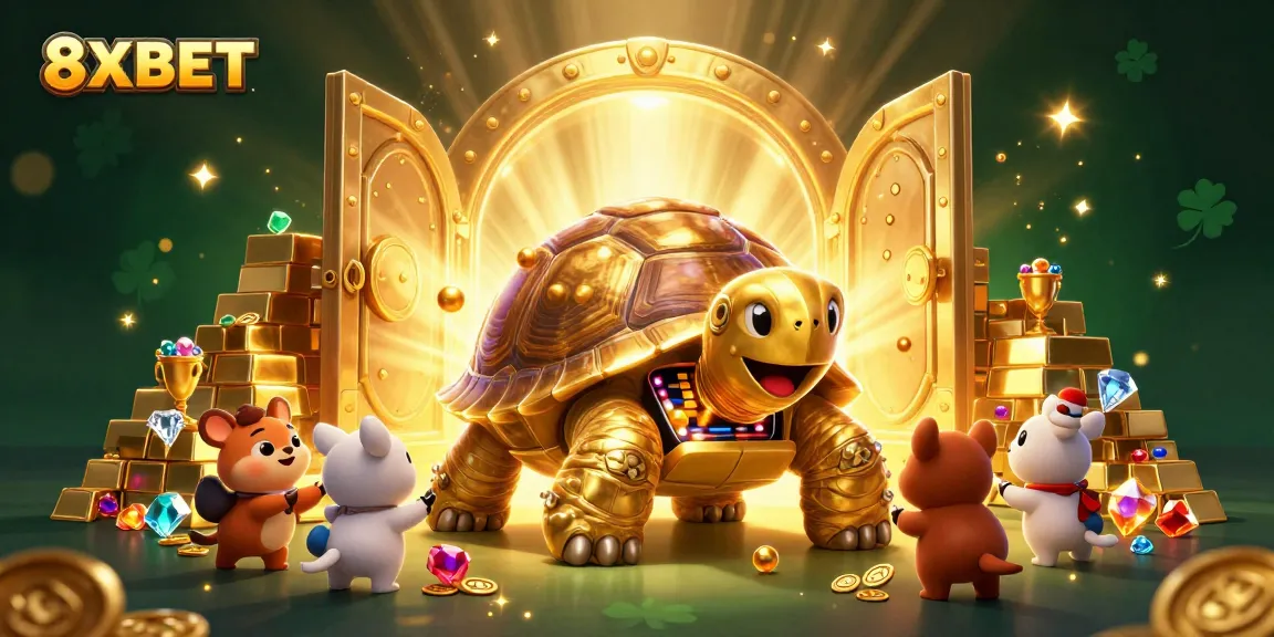 Engage in thrilling play at 8XBET with a vibrant illustration of a colossal tortoise and treasures.