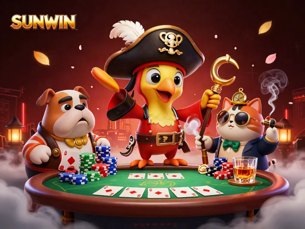 SUNWIN-powered pirate scene with characters enjoying poker surrounded by chips and cards.
