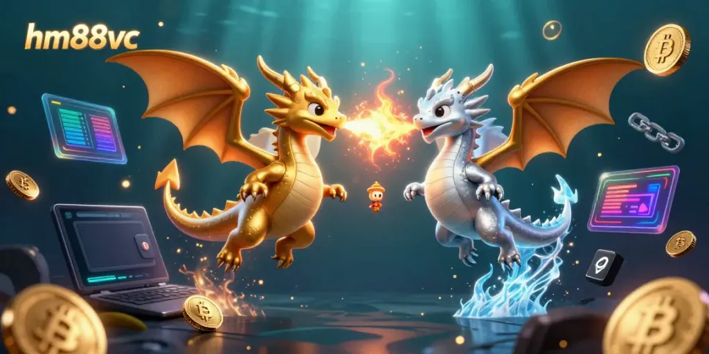 Experience thrilling wagers with hm88vc, featuring dragons and digital currency in a vibrant 3D casino.