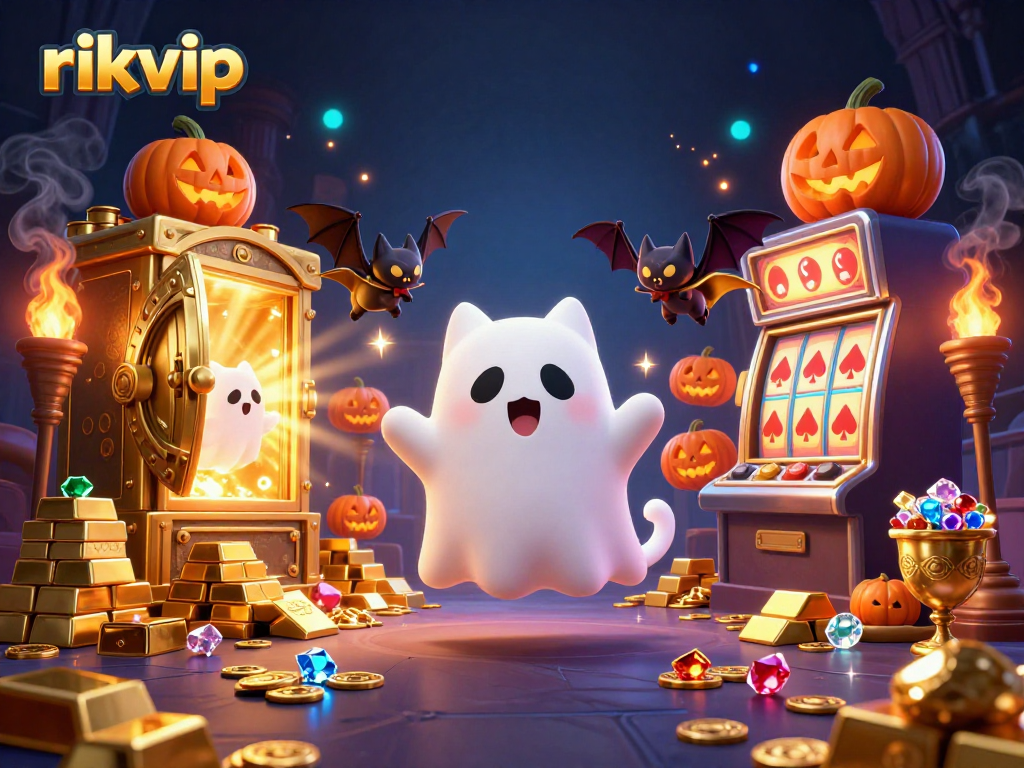 Experience thrilling wins at rikvip casino with an engaging ghostly illustration showing a haunted mansion scene.