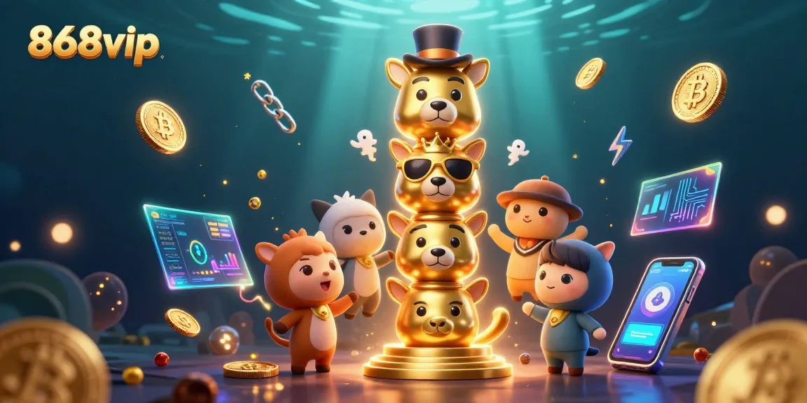 Engage with 868vip's vibrant digital casino art showcasing crypto elements and an animated totem pole.