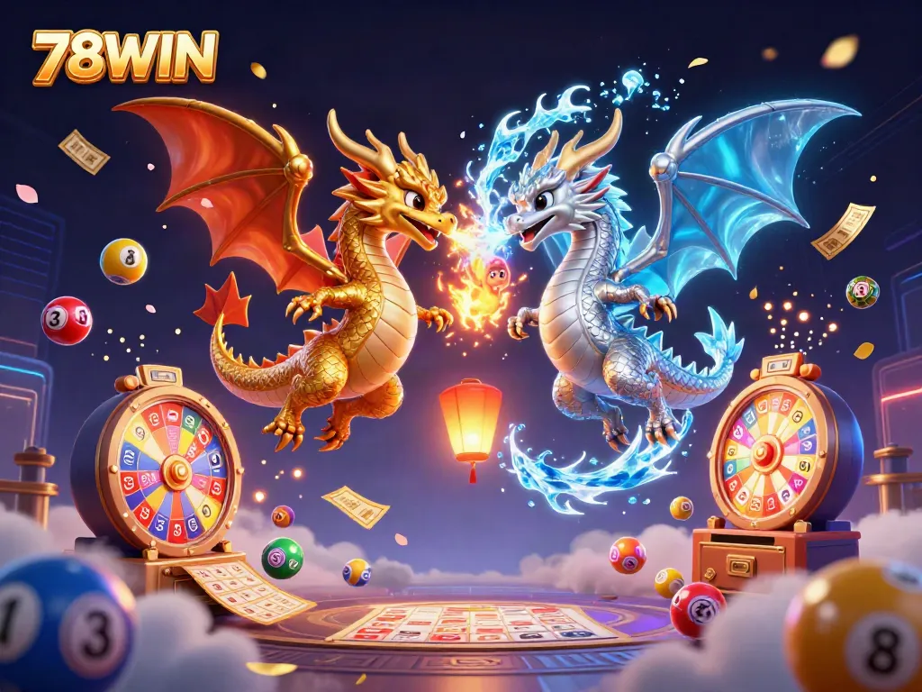 Experience thrilling gaming with 78WIN, featuring dynamic dragons and vibrant lottery elements.