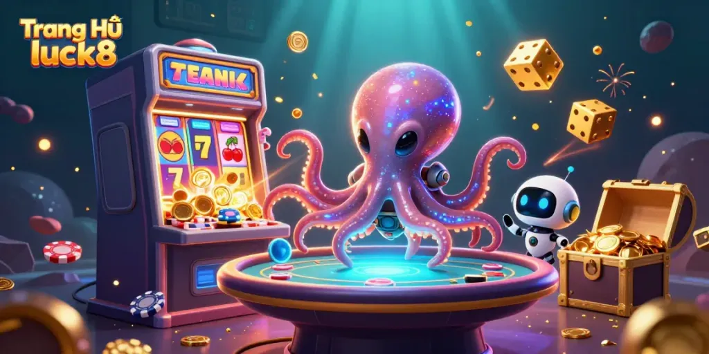 Engage in thrilling action with the Trang Chủ luck8 3D casino scene, showcasing playful octopus and robot.
