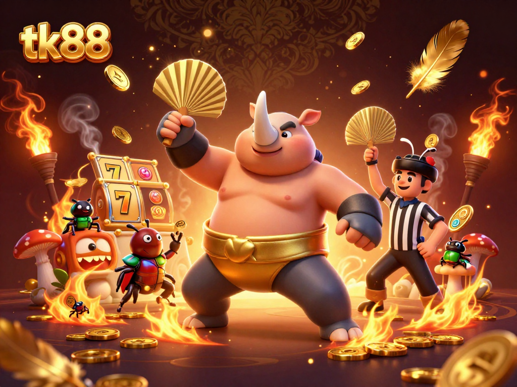 Experience excitement with tk88 in a vibrant scene featuring sumo beetles and golden slot elements.