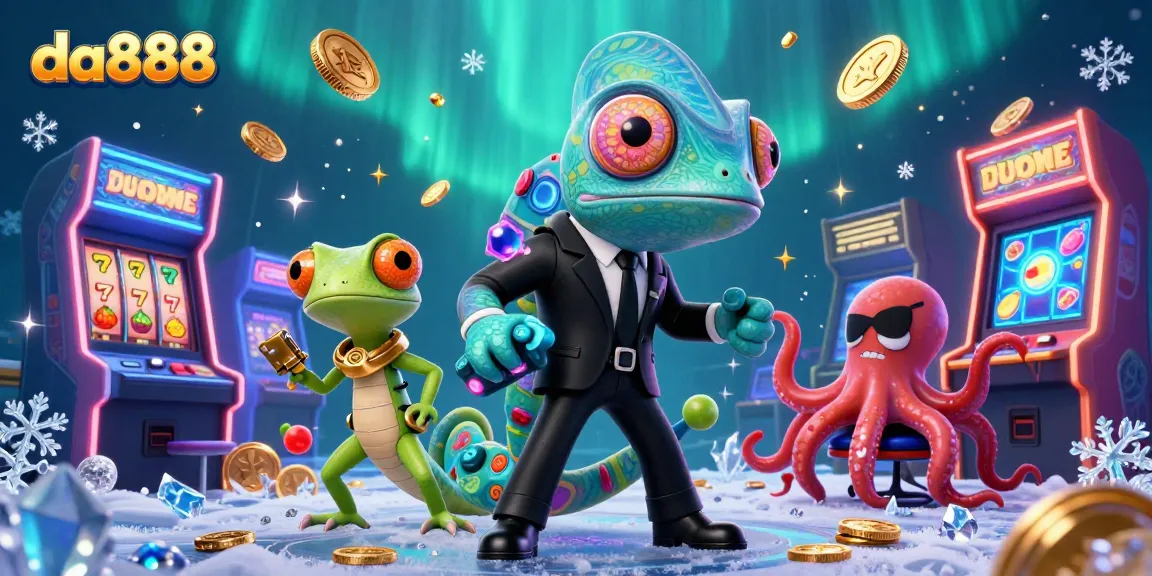 Experience thrilling casino action with da888 in a vibrant 3D illustration featuring colorful slots and engaging characters.