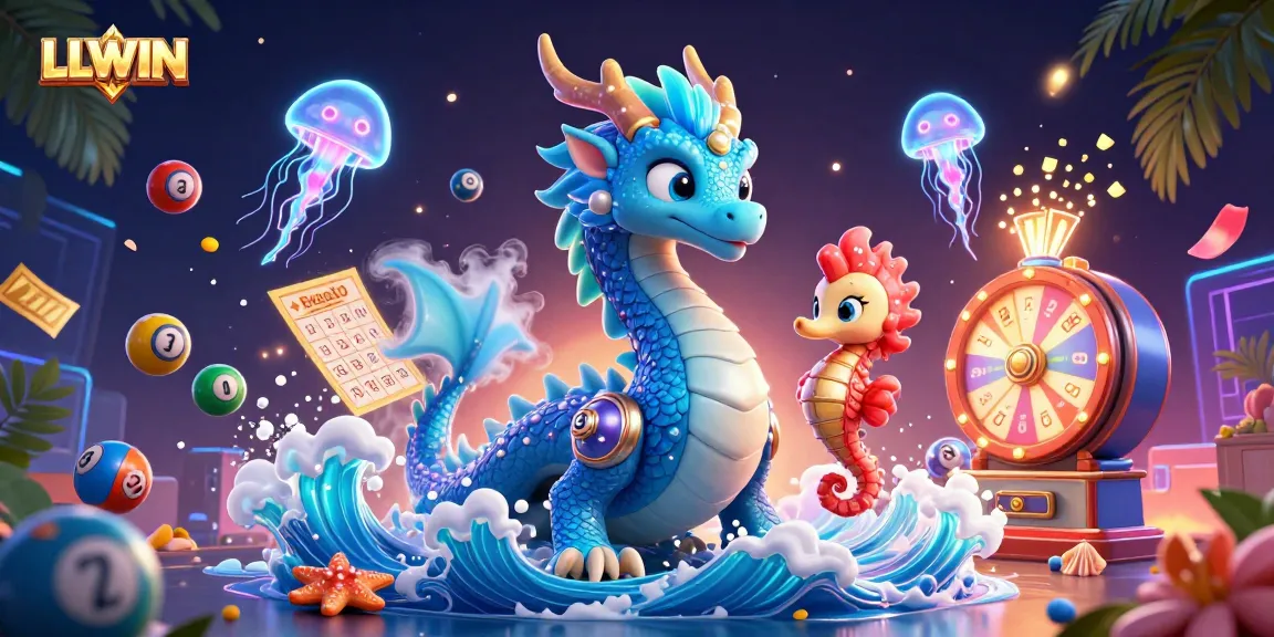 Engage with LLWIN's vibrant gaming scene featuring a dragon, seahorse, and jellyfish amidst lottery excitement.