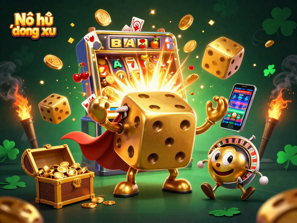 Nổ hũ tung đồng xu showcases dynamic golden dice characters amidst a sparkling jackpot explosion, illustrating thrilling casino gameplay.