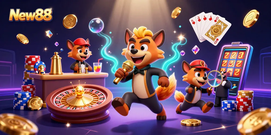 Experience New88 with a vibrant 3D illustration depicting a fun casino scene filled with engaging characters.