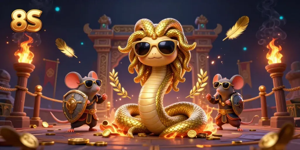 Engage with gaming at 8S featuring Medusa, a warrior mouse, and vibrant casino elements.
