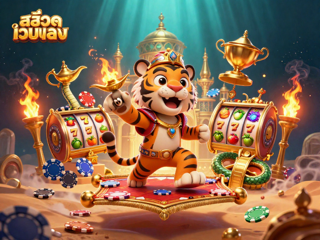 Experience the thrill of สล็อตเว็บตรง with vibrant slot reels and a majestic tiger sultan.