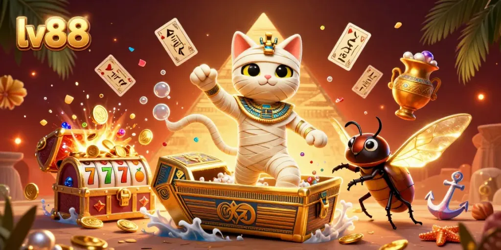 Experience thrilling games at lv88, featuring an Egyptian mummy cat in a dynamic casino scene.