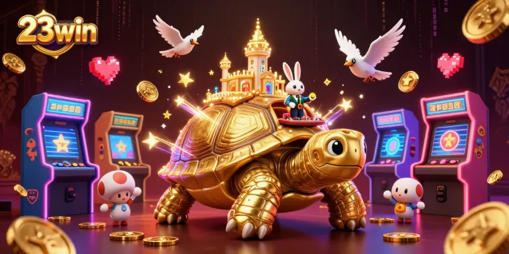 Engage with vibrant 23win casino fun, experiencing a golden tortoise and lively gaming elements.
