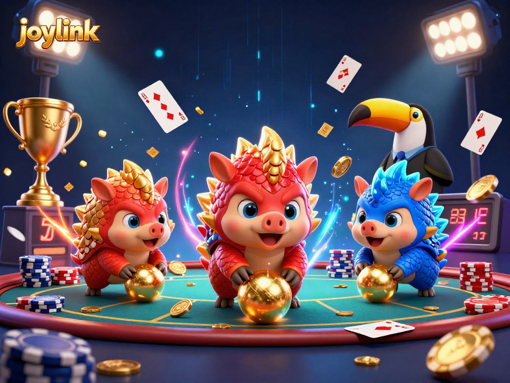 Joylink promotion featuring rival pangolins battling with poker chips and vibrant casino elements.