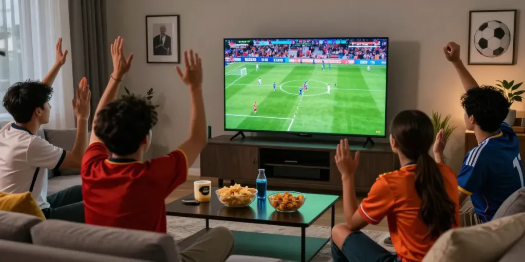 Socolive home viewing party with friends enjoying live soccer match.