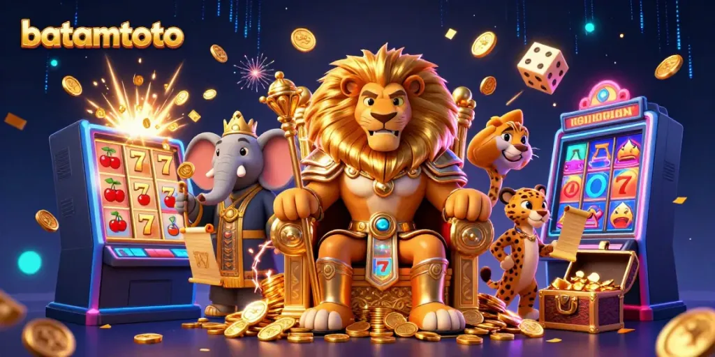 Experience the excitement of batamtoto with a royal lion, wise elephant, and fast cheetah in a vibrant casino scene.