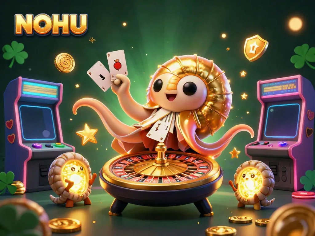 Engage with NOHU to explore thrilling casino adventures featuring a giant nautilus as the roulette wheel amidst vibrant game elements.
