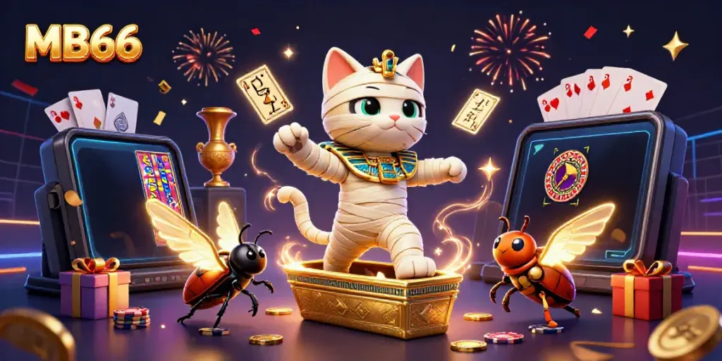 Engage with MB66 in a dynamic 3D casino scene featuring an Egyptian mummy cat and golden scarab.
