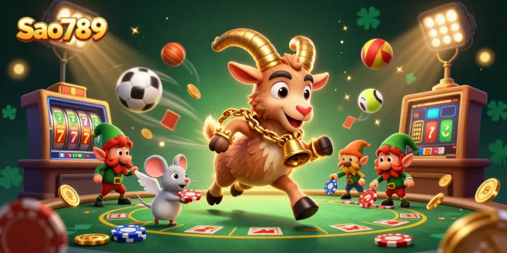 Sao789 delivers thrilling gaming experiences in a festive horror-themed casino with cartoon characters.