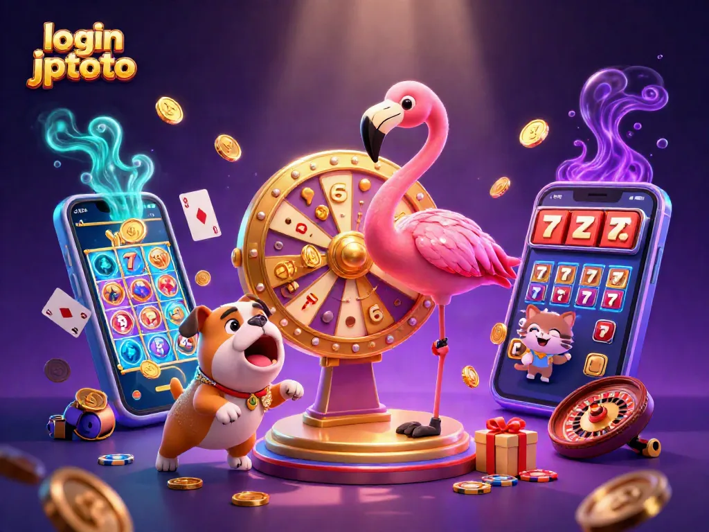 Spin the giant prize wheel with login jptoto in this vibrant casino-themed illustration.