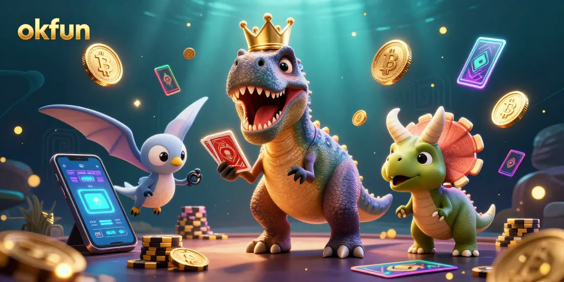 Engaging okfun 3D scene depicting a T-Rex shuffling cards, while a triceratops stacks golden casino chips.