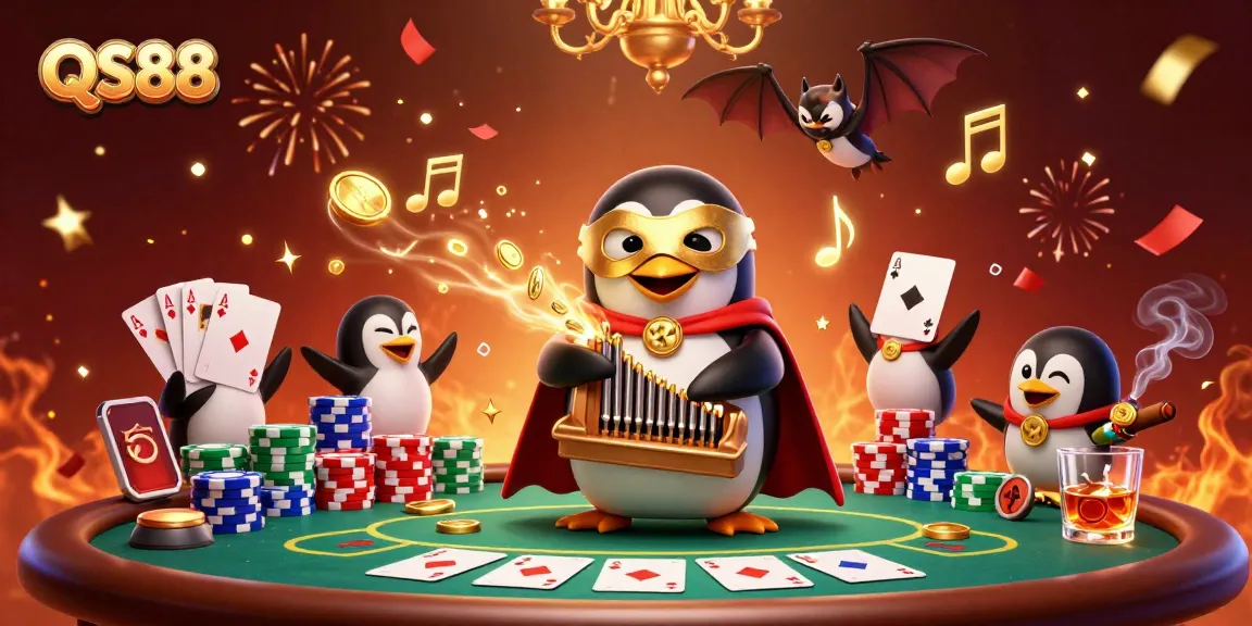 Experience thrilling gameplay at QS88 with a penguin organist delivering jackpot coins amid poker excitement.