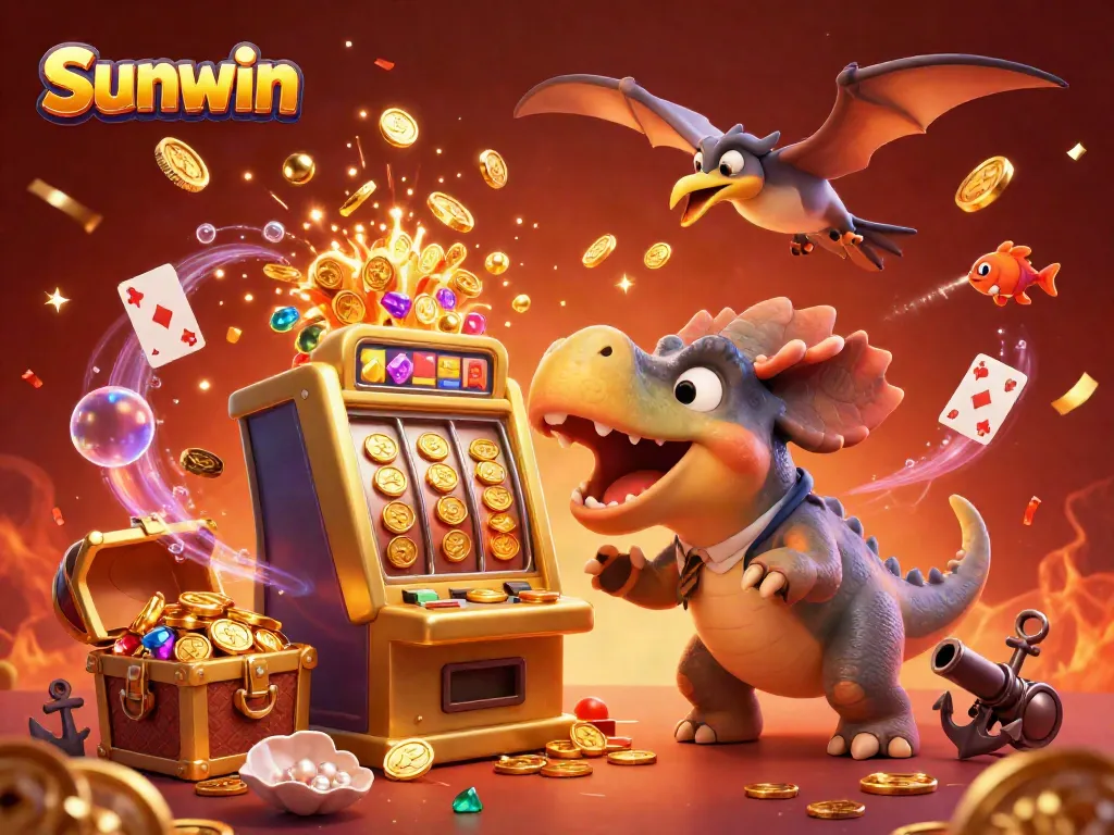 Experience thrilling gameplay at Sunwin with a dynamic scene of cartoon dinosaurs enjoying jackpots and excitement.