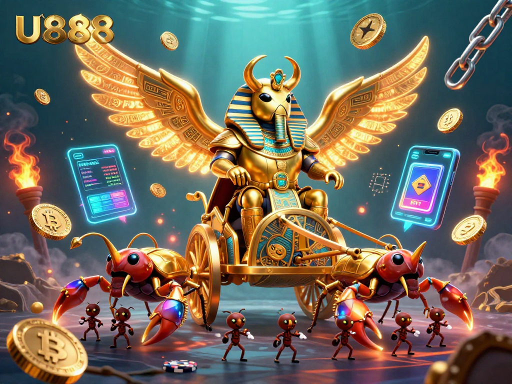 Engage with the world of U888, featuring dynamic casino elements and gold-themed characters.