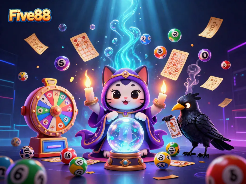 Experience the magic of Five88 with a vibrant 3D gaming scene filled with exciting lottery elements.
