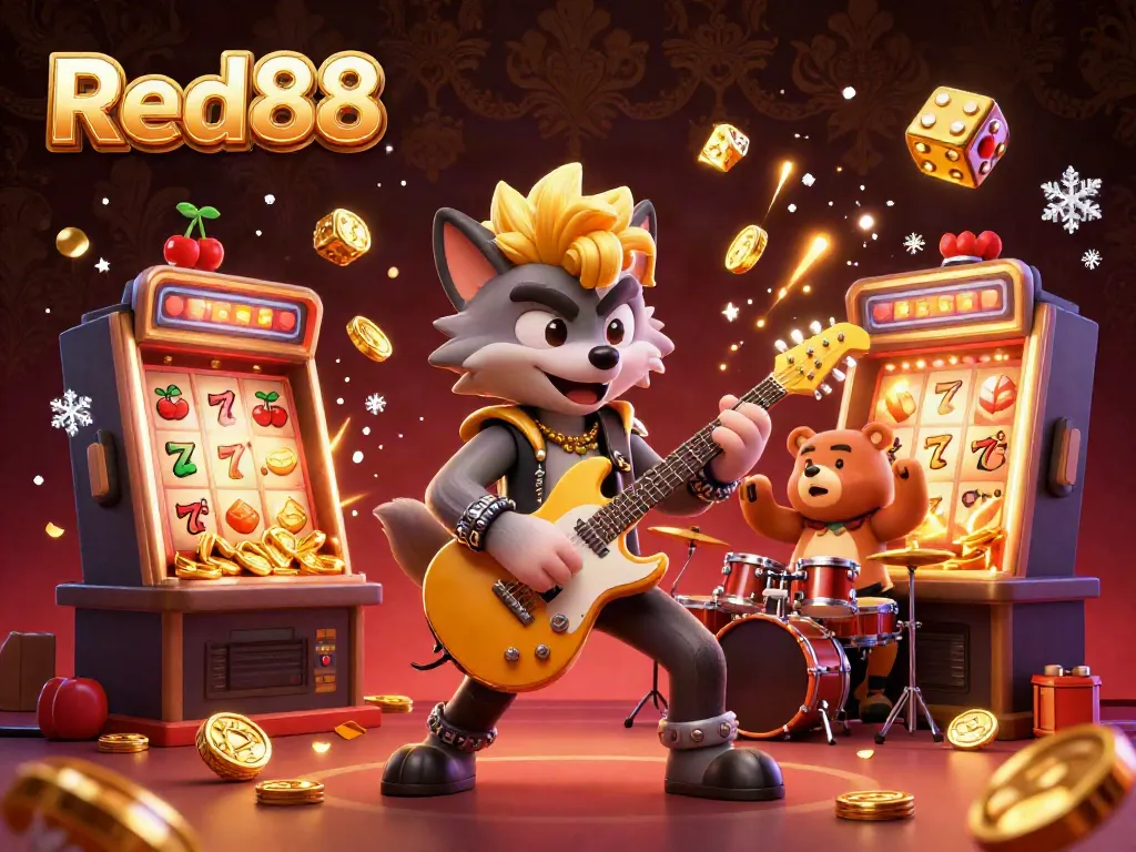 Experience the excitement of Red88's vibrant casino scene with animated characters and dazzling jackpot effects.