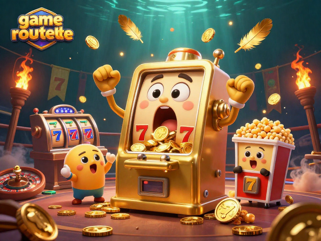 Experience game roulette excitement with a golden slot machine celebrating a jackpot amidst vivid casino elements.