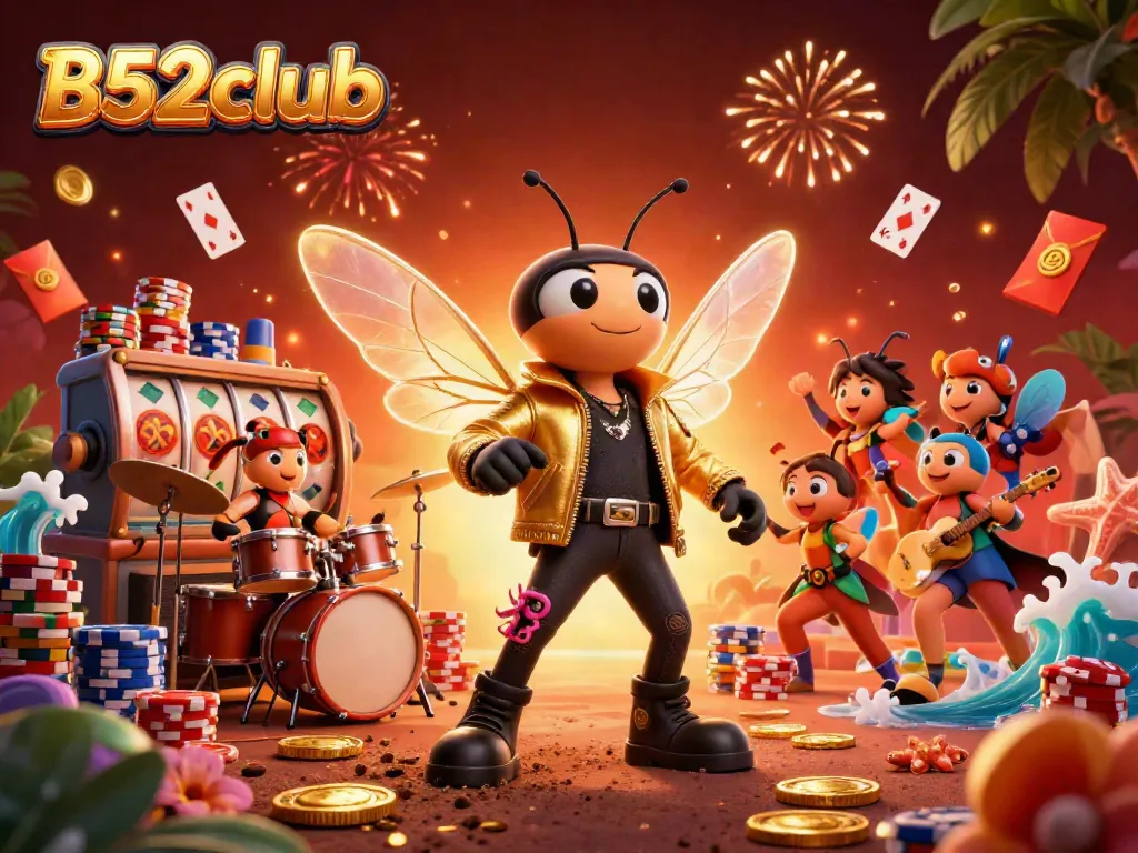Experience the excitement of B52club with a lively 3D casino scene featuring vibrant characters and rich gambling elements.