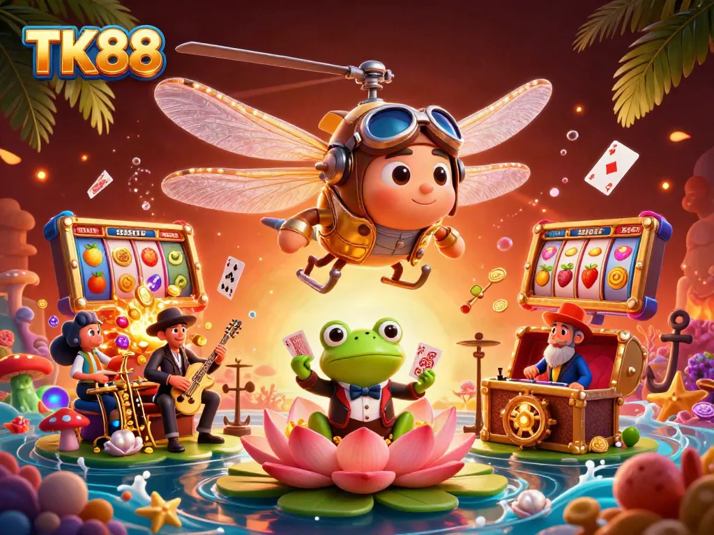 Engage with TK88, a vibrant casino scene featuring a frog croupier and dynamic slot elements.