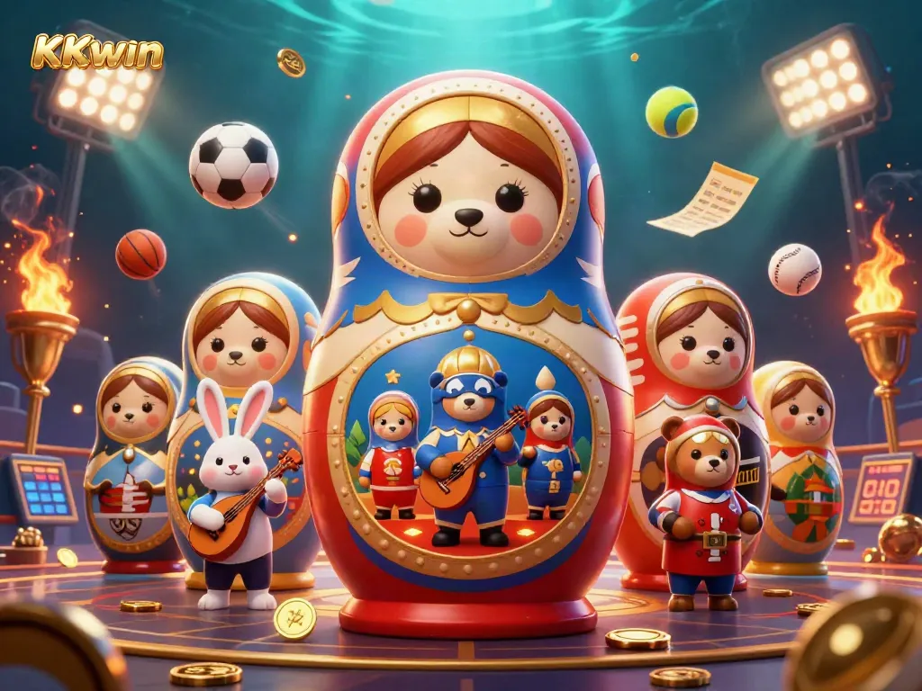 Engage in sports betting excitement with KKWIN as playful bears and a serenading rabbit create a lively atmosphere.